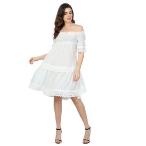 White Cotton Causal Dress With Lace Fabric