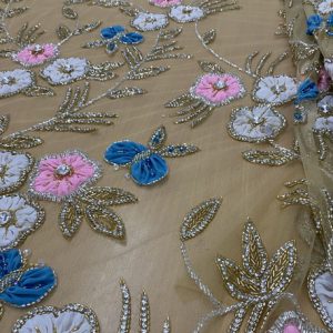 3D flower applique with crystal and beaded fabric for wedding gown and party wear