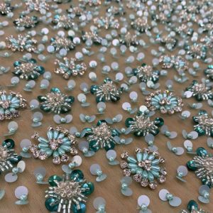 Light Green Crystal and beaded fabric with 3D style Flower handmade fabric for bridal and party wear