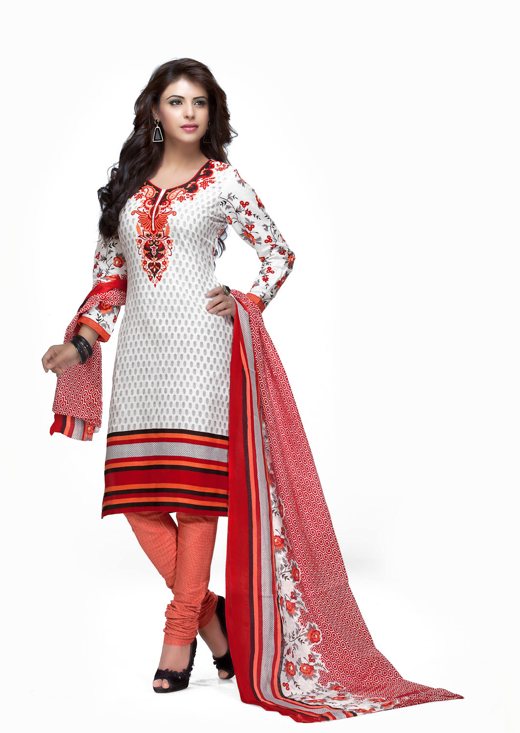 White & Grey Printed Unstitch Dress Material with Dupatta