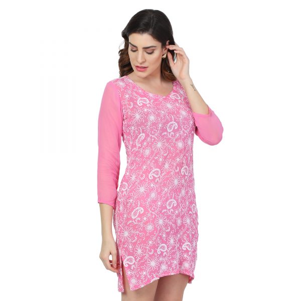 Pink Viscous Chikan Embroidery Short Casual Dress