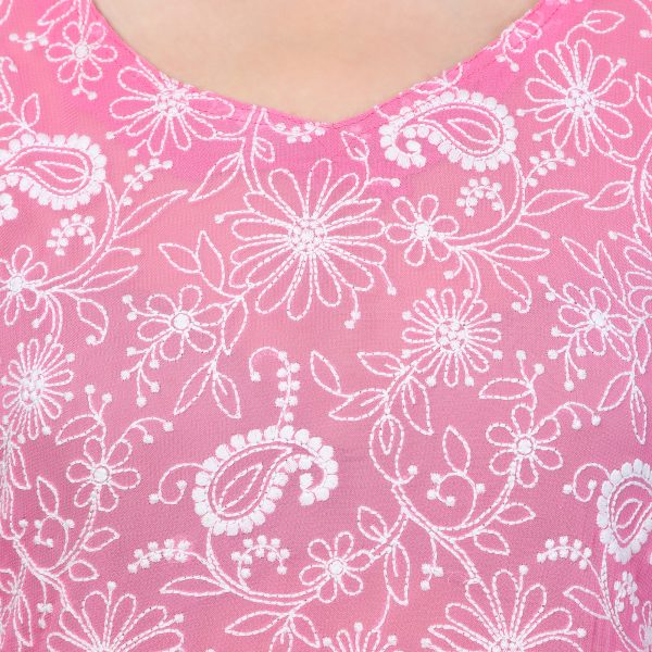 Pink Viscous Chikan Embroidery Short Casual Dress