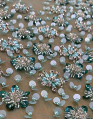 Light Green Crystal and beaded fabric with 3D style Flower handmade fabric for bridal and party wear