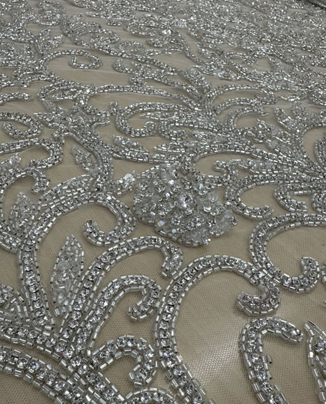 Silver crystal chain with stone sequins and beads Lace for bridal dress Fabric